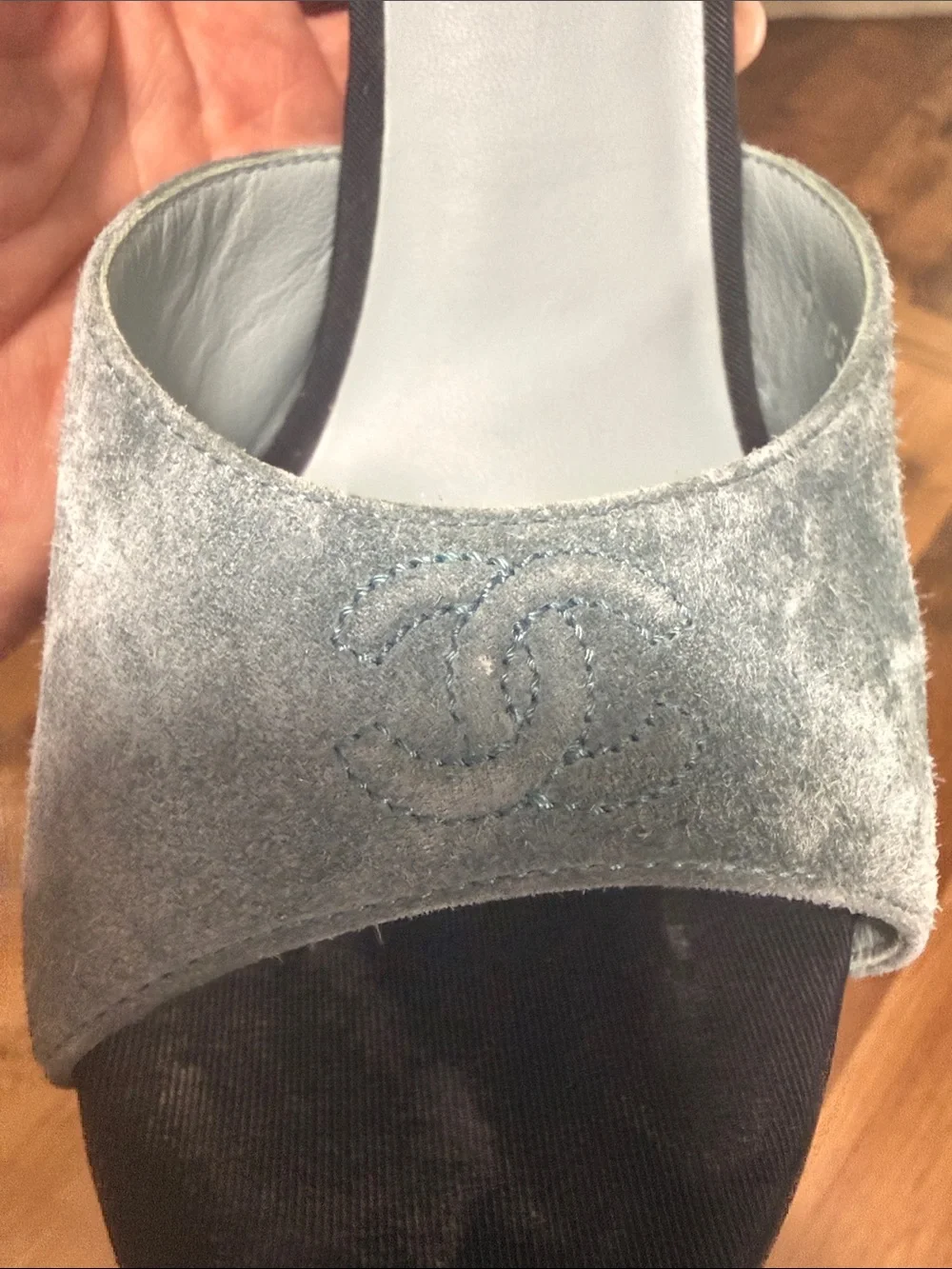 CHANEL Gray Suede Pearl-Trim Ankle-Strap Heels